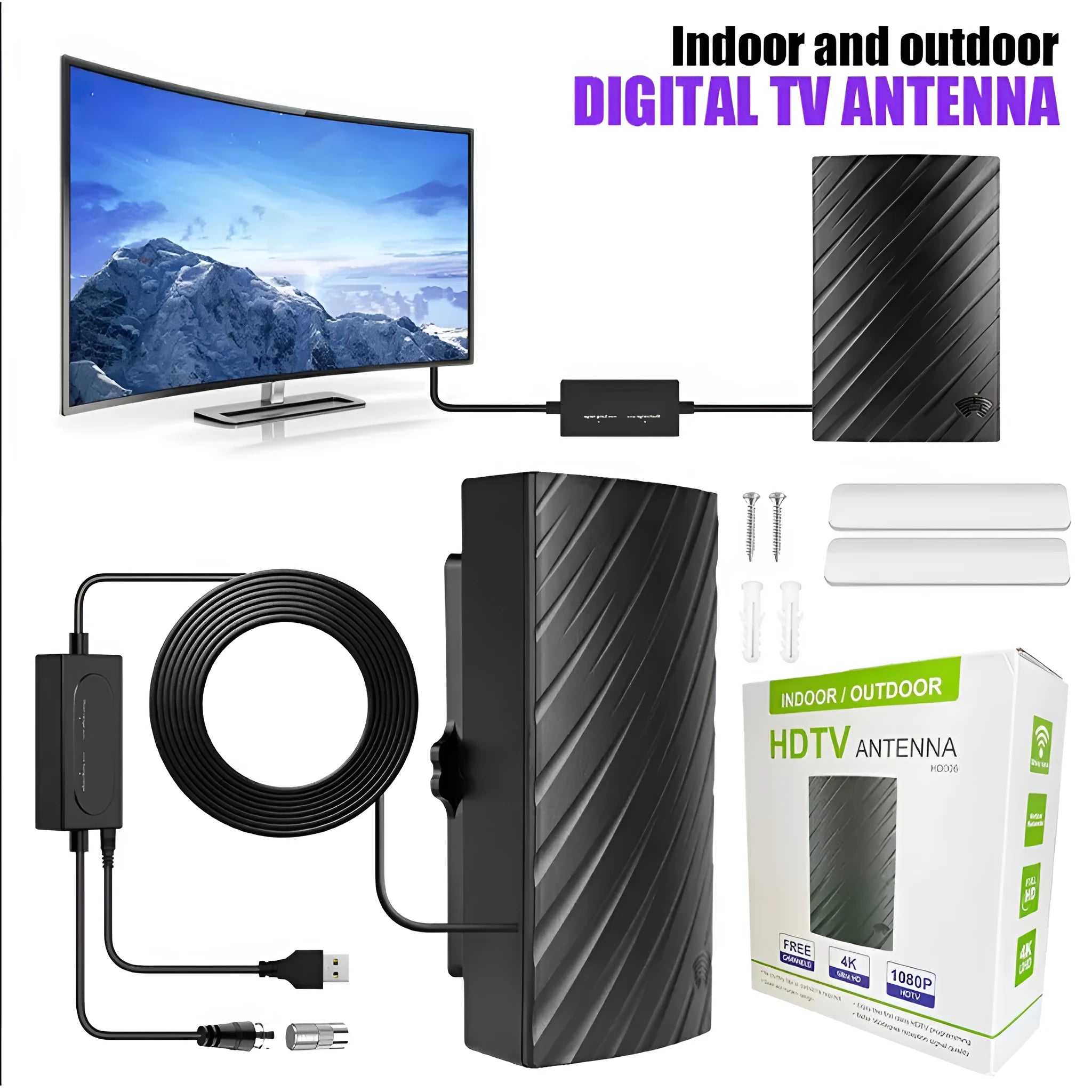 Black plastic HD digital television antenna with mounting accessories including expansion tubes and screws