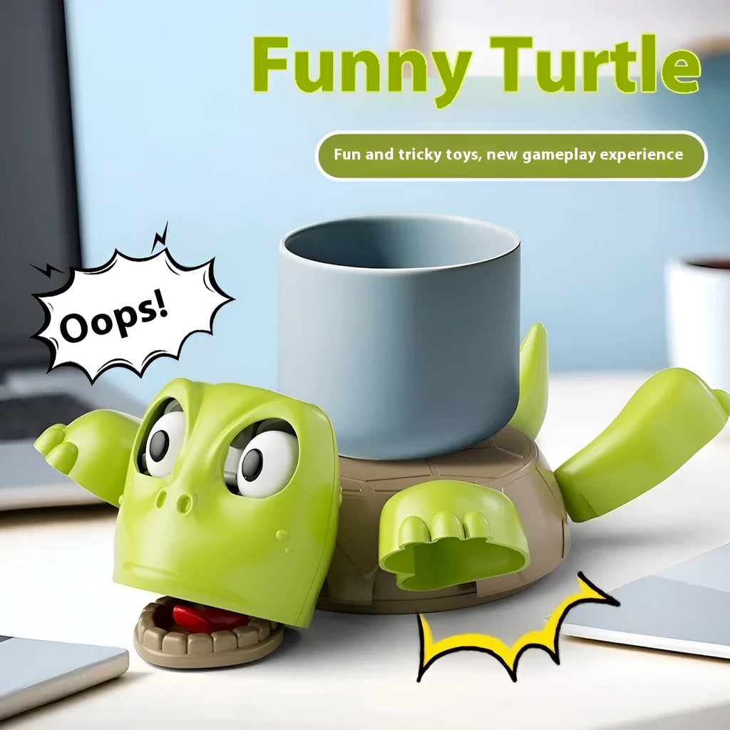 Turtle-shaped ABS plastic drink coaster in light green colour on wooden table