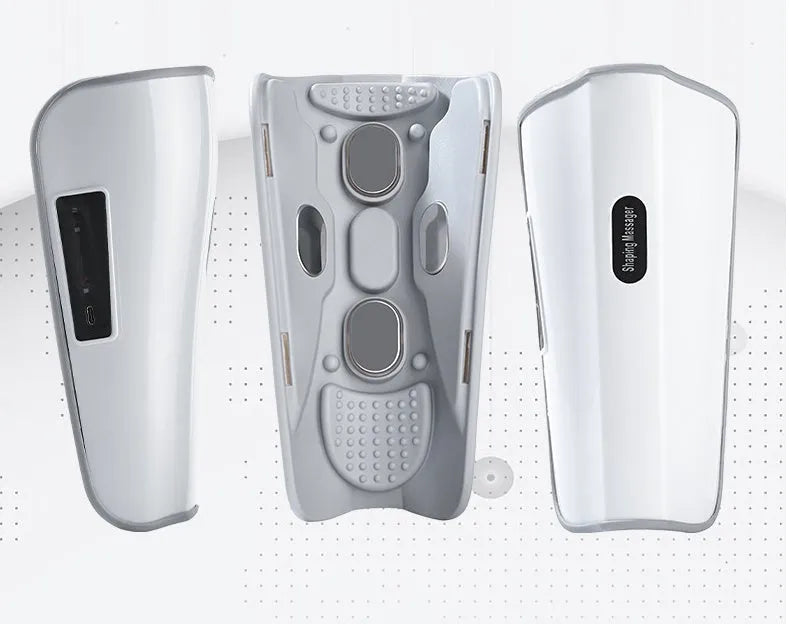 White plastic pulse calf massager with infrared heat, electrotherapy and 15 massage modes, showing Type-C USB port.