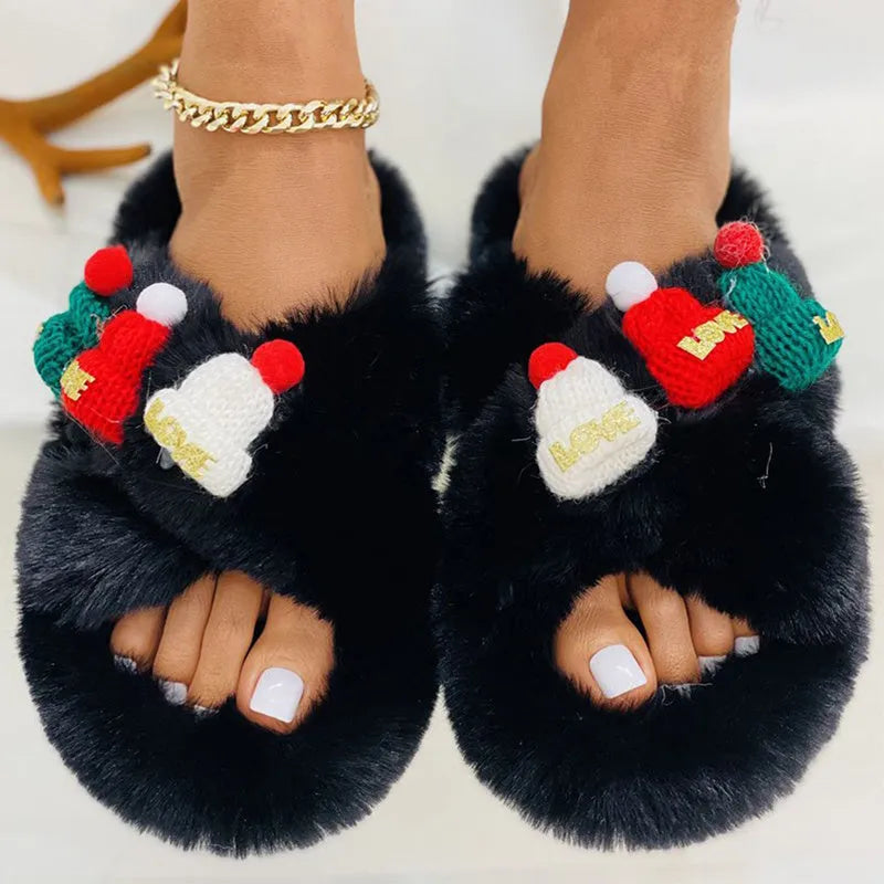 Women's super hairy faux plush slippers with a Christmas hat decoration design, shown in available colours.