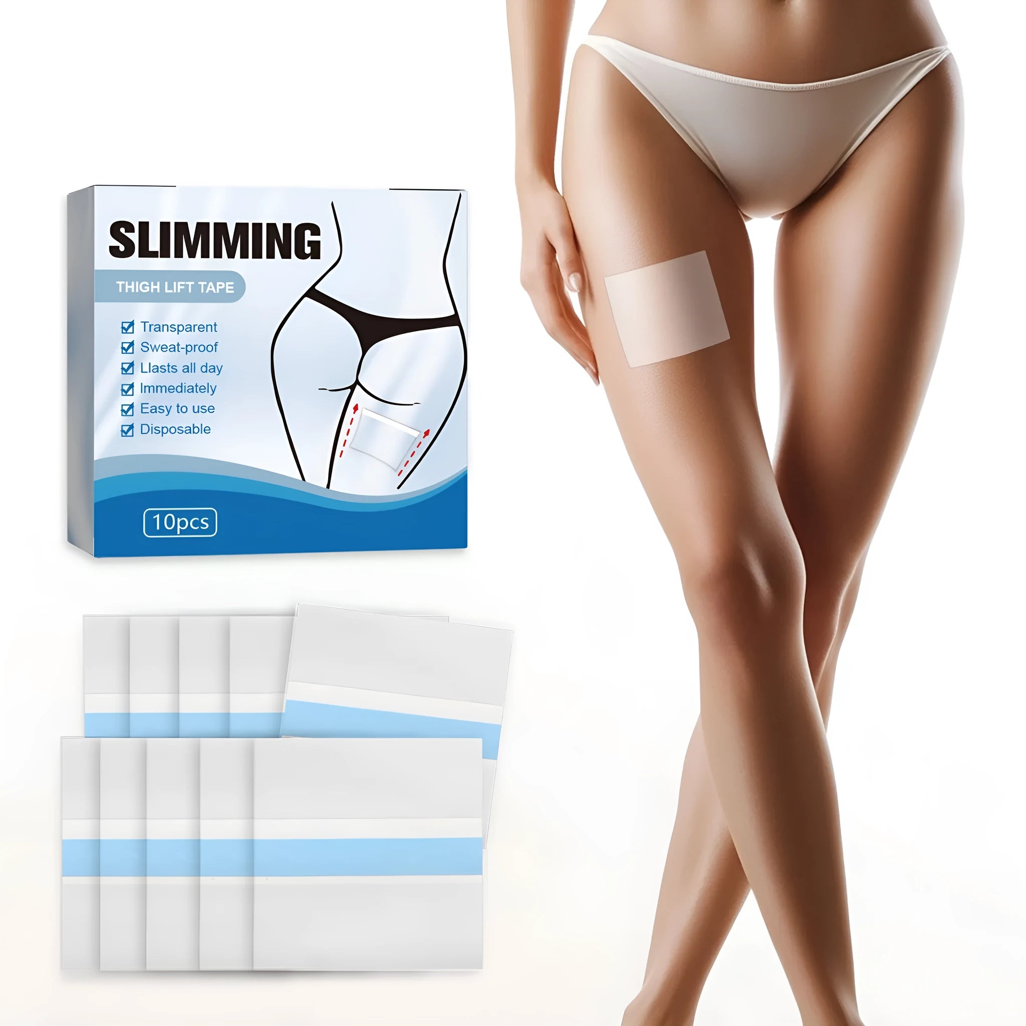 Box of 10 body shaping stickers measuring 12cm square with hyaluronic acid and collagen