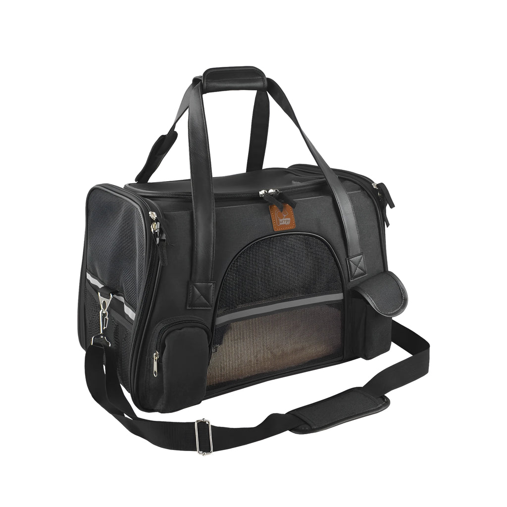 Small dog carrier travel car seat made of Oxford cloth in dark grey colour on a car seat