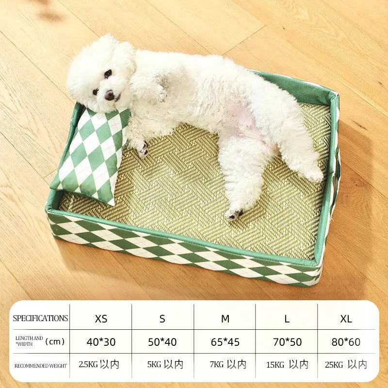 Blue rattan cat litter mat serving as a fixed bed in a home setting.