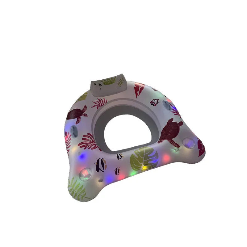 White PVC inflatable U-shaped seat float with glowing edges on water.