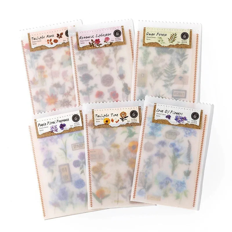 Huazhisen forest art sticker pack showing six colour designs on transfer paper and cotton linen sheets