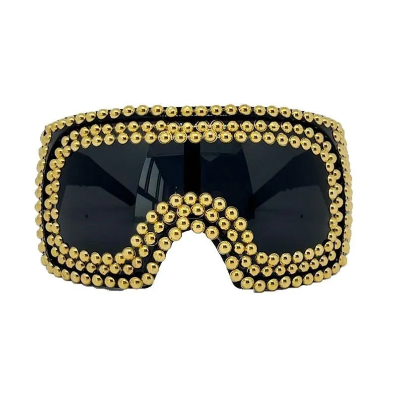 Punk sunglasses with super large square rim frame and rivet details in silver colour
