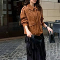 Women's brown suede coat street chic regular sleeve jacket in polyester fabric