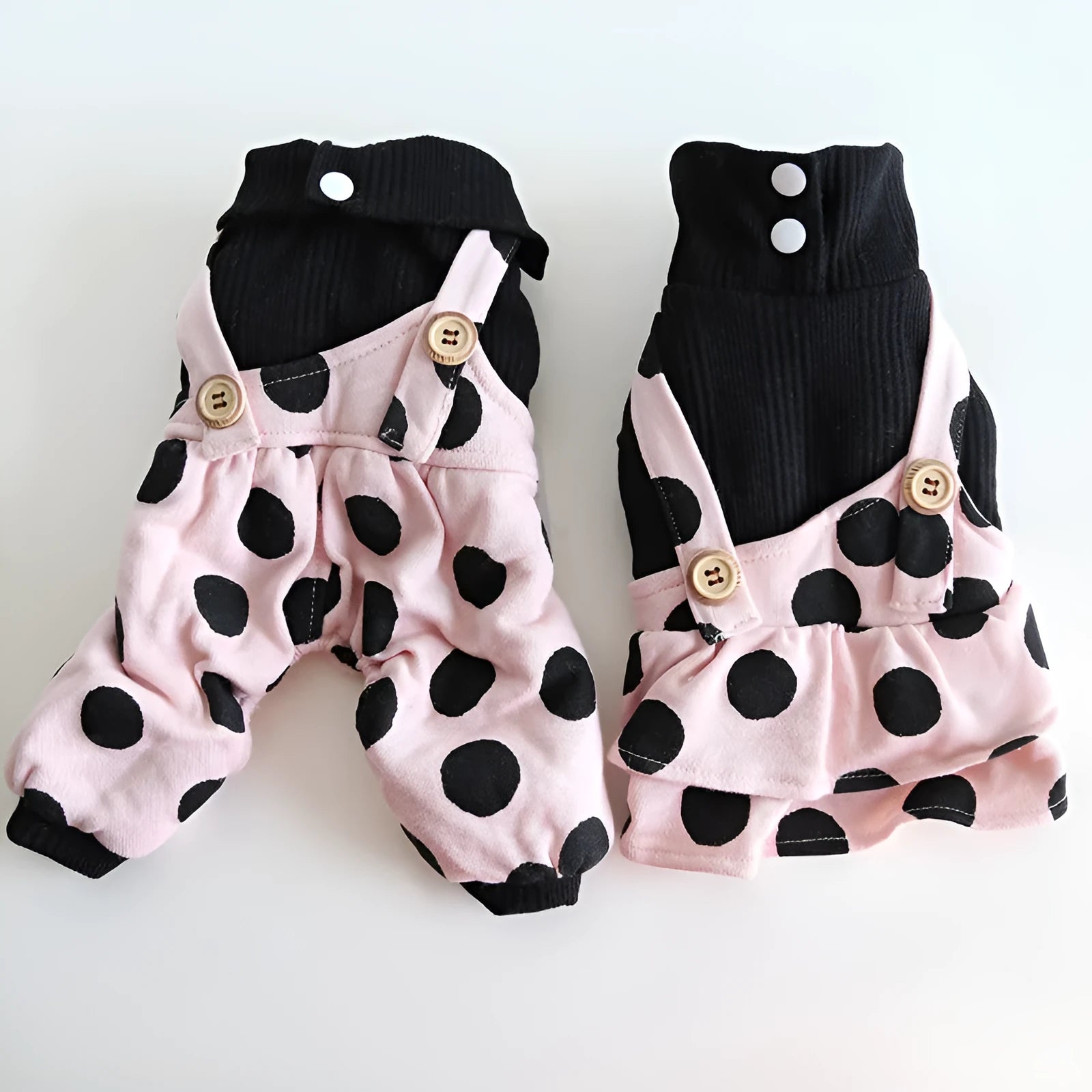 Dog couple clothing outfits in skirt and four-legged styles showing size options from XS to XL