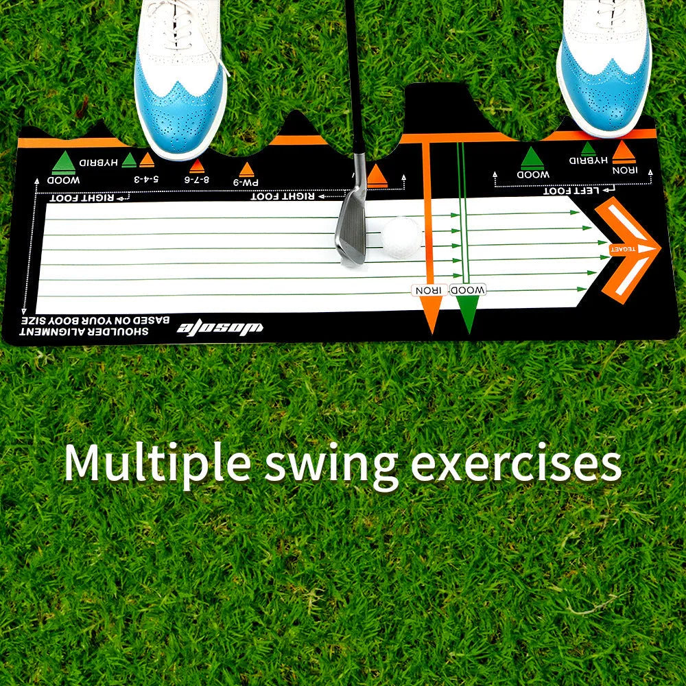 Black neoprene golf swing stance positioning pad measuring 22.5cm for training alignment