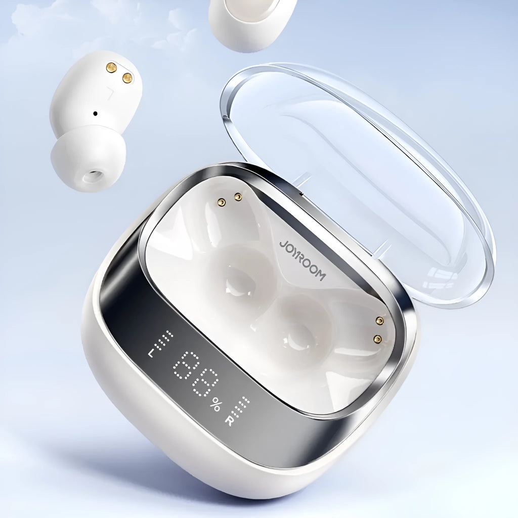 Dawn White wireless Bluetooth earbuds with charging case on a table