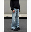 Men's retro whisker washed blue straight jeans with medium-high waist and visible stitching