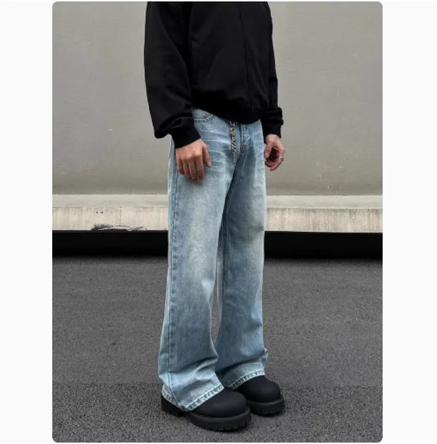 Men's retro whisker washed blue straight jeans with medium-high waist and visible stitching