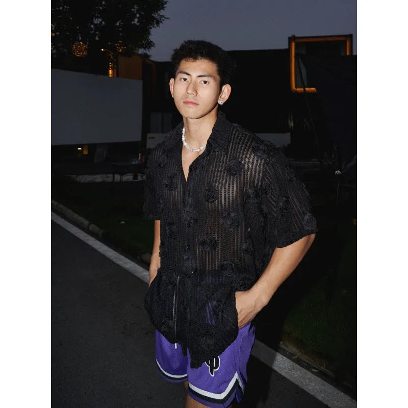 Plus size men's short-sleeved shirt with heavy 3D floral print in loose fit.