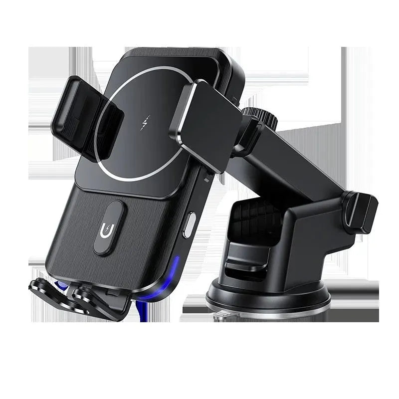 Black car wireless charging phone holder showing 15W charging with suction cup and clip mounting options