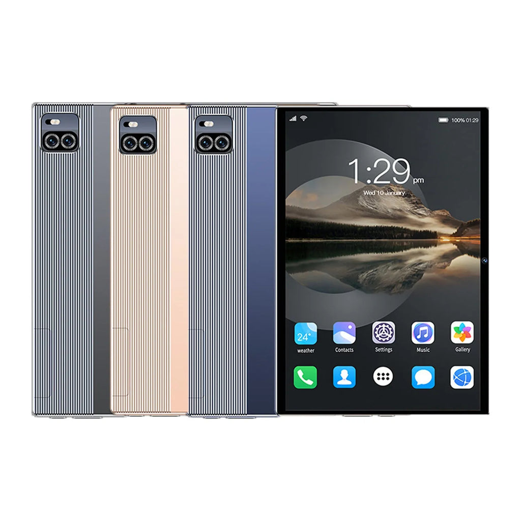 10.1 inch Voice Call HD Smart Game Tablet in gold with blue and gray colour options showing screen and front view
