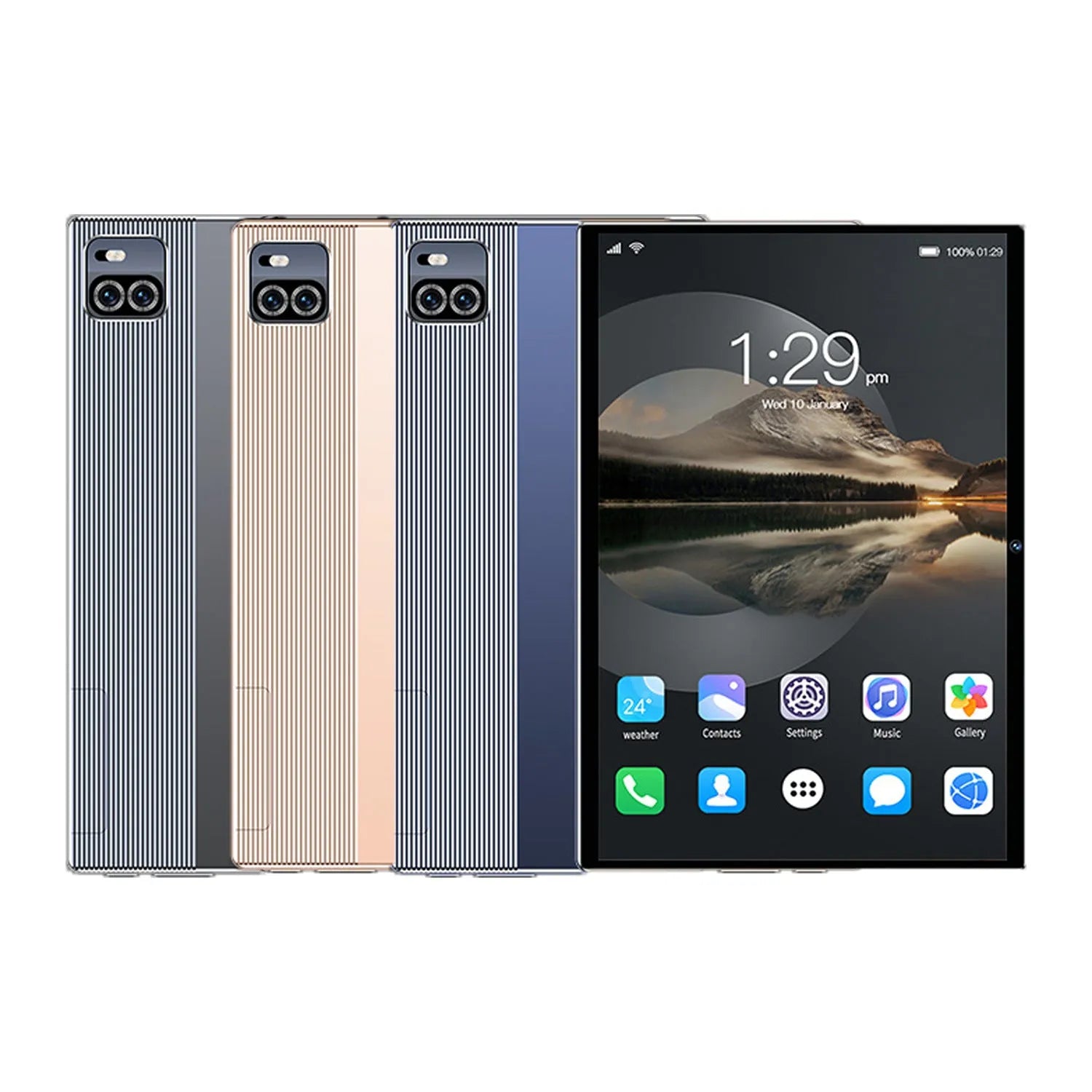 10.1 inch Voice Call HD Smart Game Tablet in gold with blue and gray colour options showing screen and front view