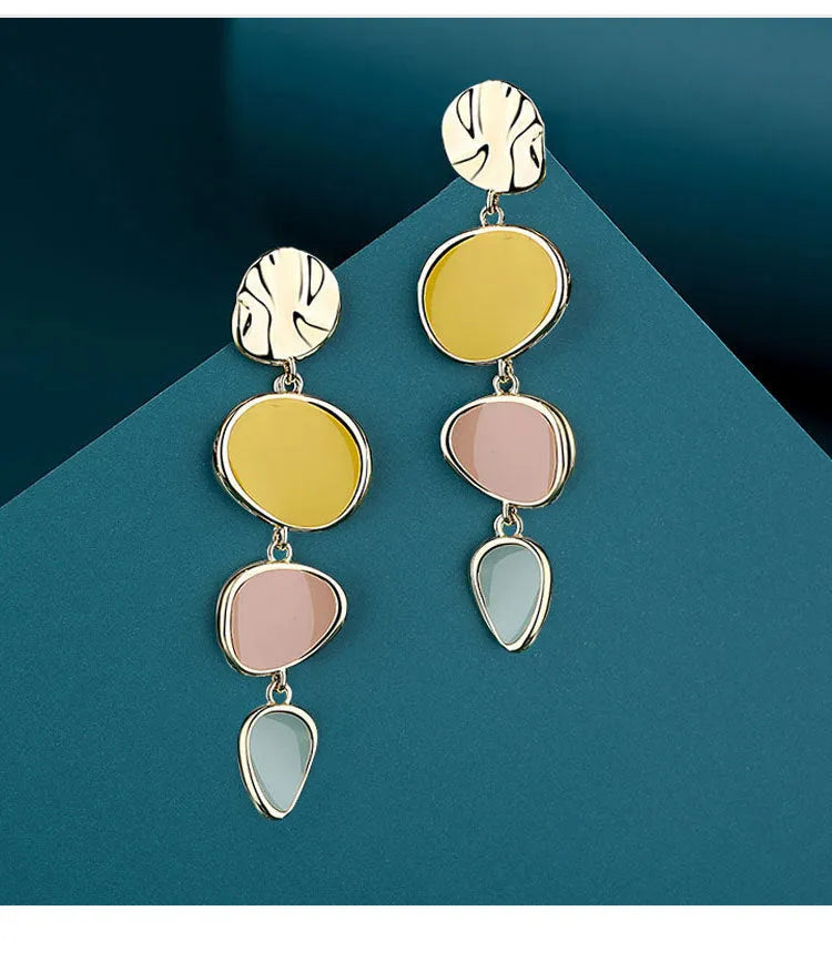Morandi three-colour oil drip disc earrings with sterling silver needles on simple vintage wafer design