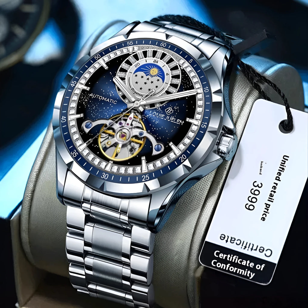 Silver alloy automatic mechanical watch with blue dial and stainless steel strap on wrist