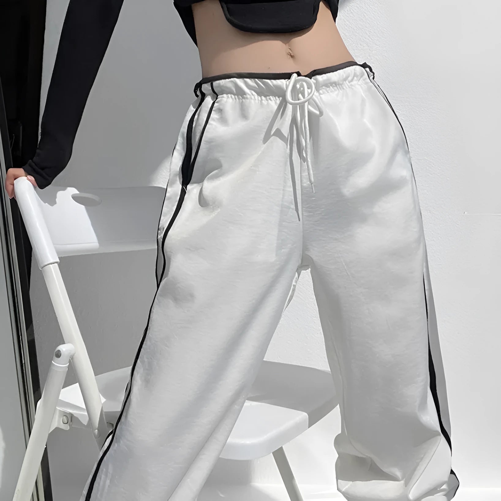 Women's loose straight draping pants with ribbon contrast colour design in European style