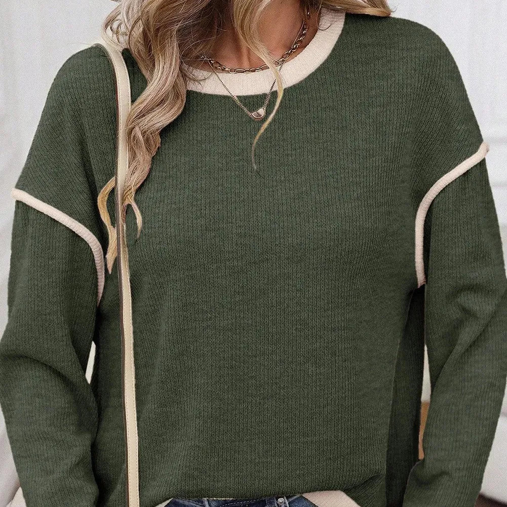 Women's Four Leaf Clover colour drop shoulder loose knit top with contrast trim
