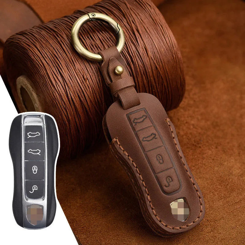 Authentic leather Porsche key cover in retro style for 3 or 4 keys