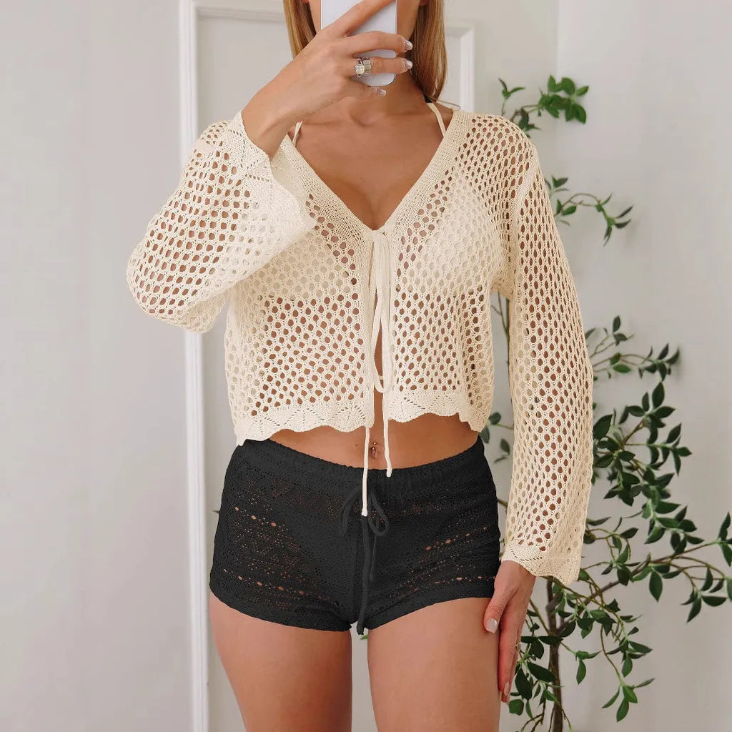 Women's apricot hollow woven cardigan blouse with bell sleeves and short length