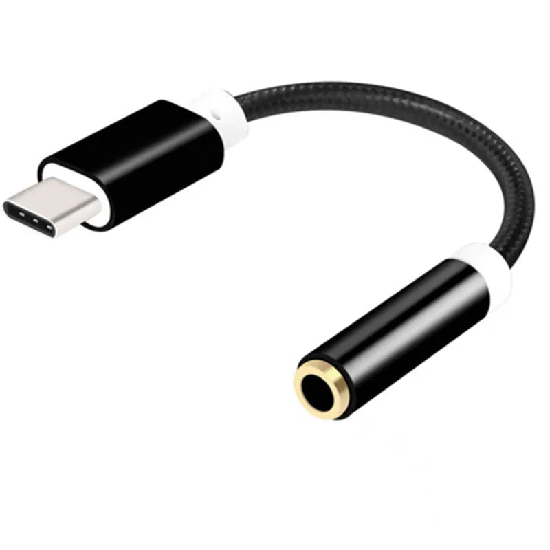 Black nylon-braided Type-C to 3.5mm female headphone adapter cable.