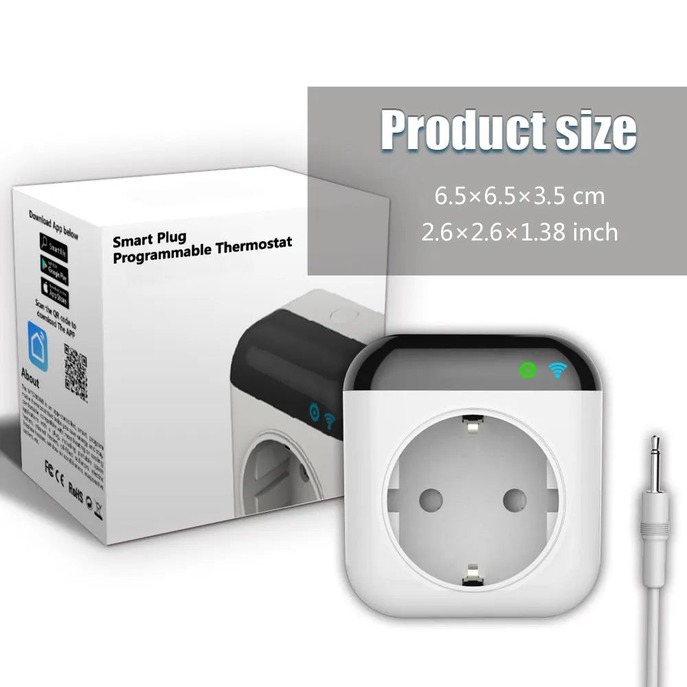 White Tuya smart socket with US 3-pin outlet and a separate temperature sensor probe.
