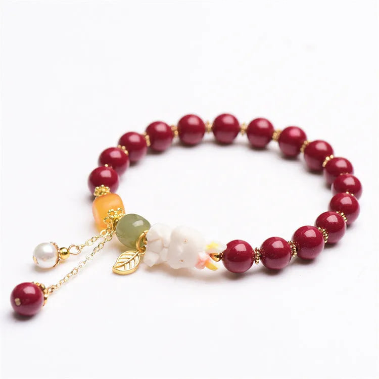 Natural cinnabar rabbit bracelet for women, 8mm or 10mm beads, Tian Yu brand, national style
