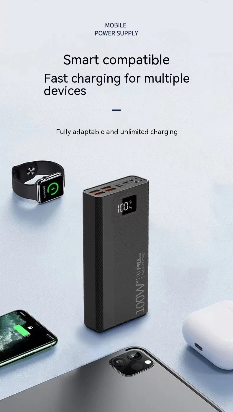 Black and white large capacity fast charging power bank with dimensions 150x76mm