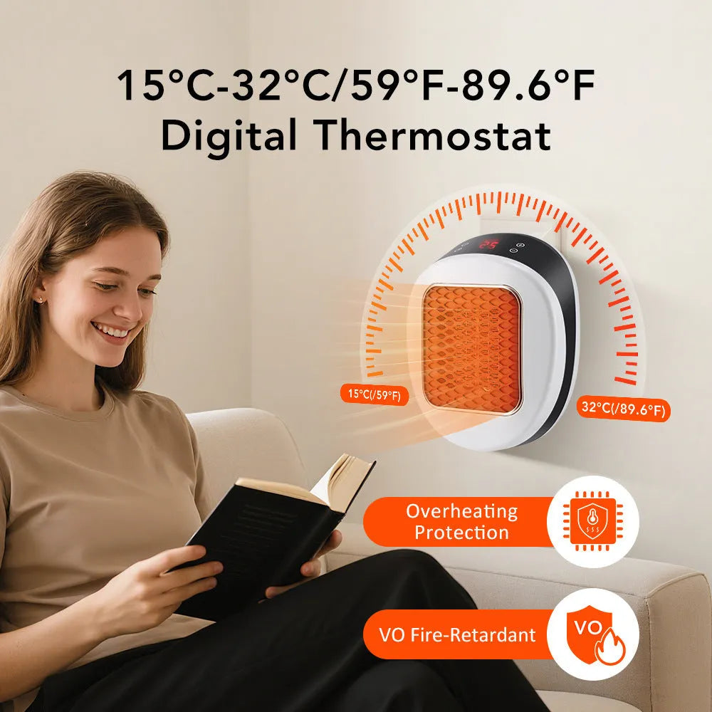 White ceramic electric air heater with remote control on a table.