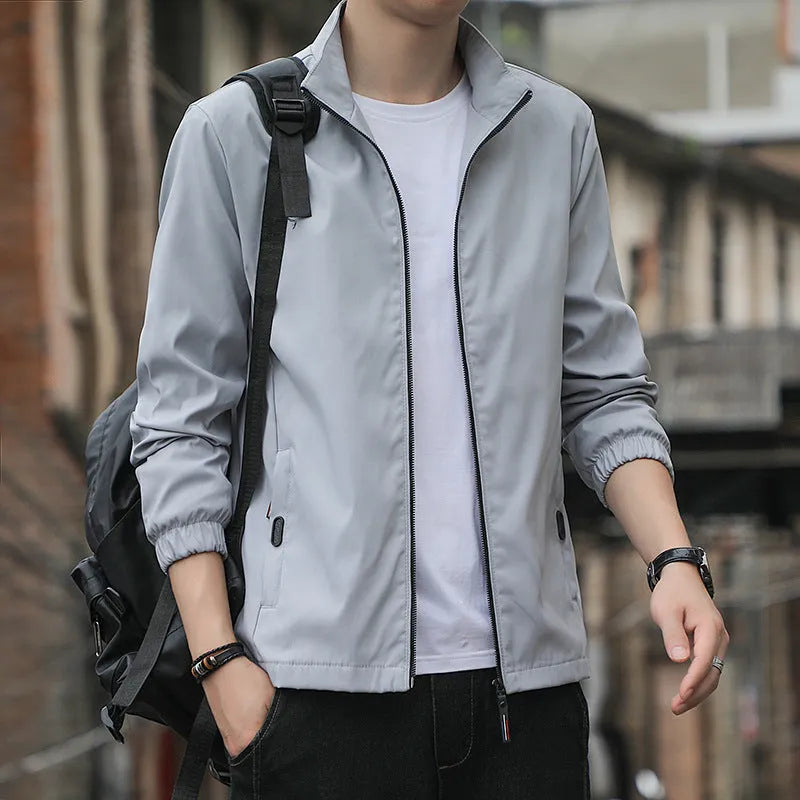 Korean style loose lapel autumn jacket in black with zip pockets shown in casual setting