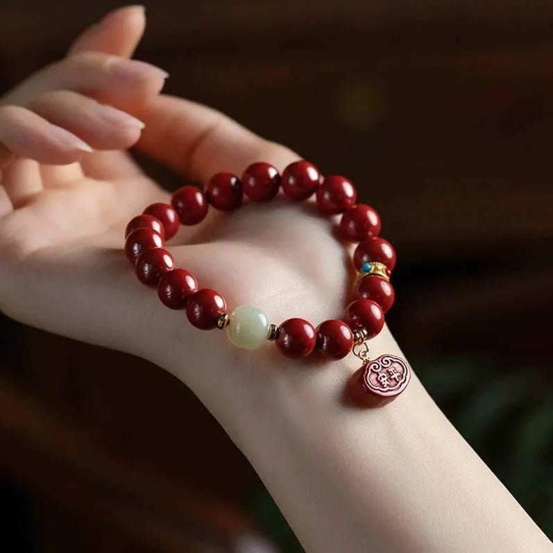 Natural cinnabar bracelet with Emperor sandstone bead in Ping An Fu Lu design, 8mm or 10mm size options