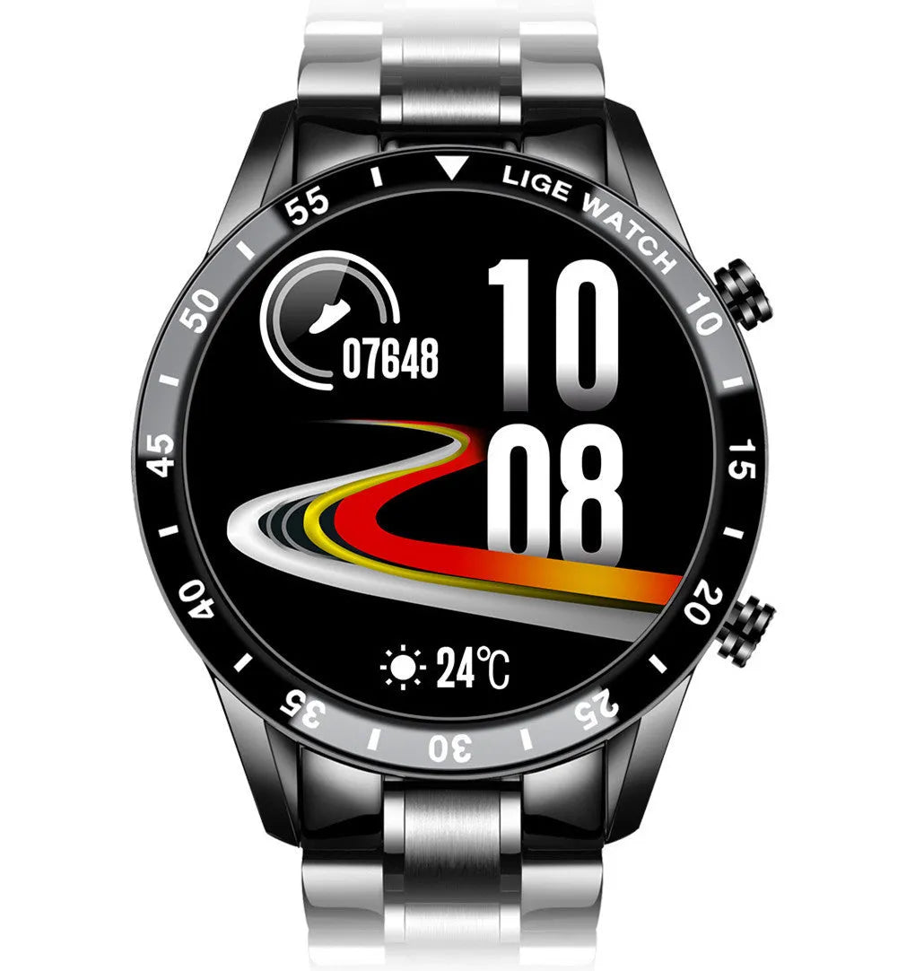 Smart watch with stainless steel wristband and 1.3-inch touchscreen display showing step count interface