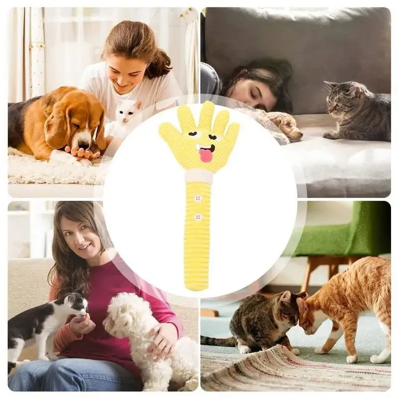 Yellow palm-shaped plush dog teething toy with squeaker for puppies