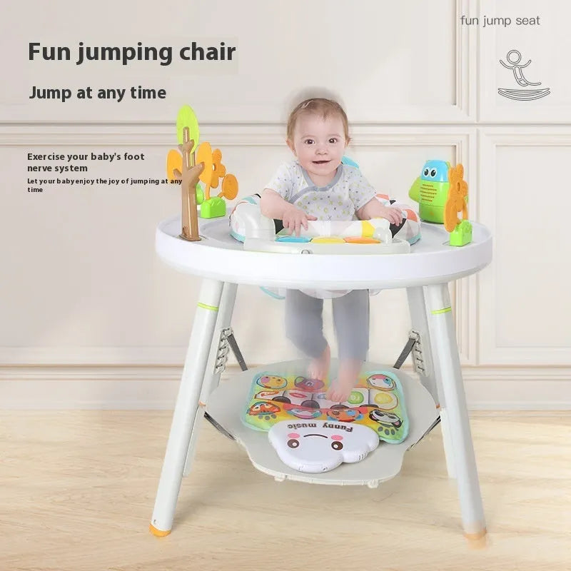Baby jumping chair with bouncing function, gymnastics rack, and interactive toys in duck or lion design
