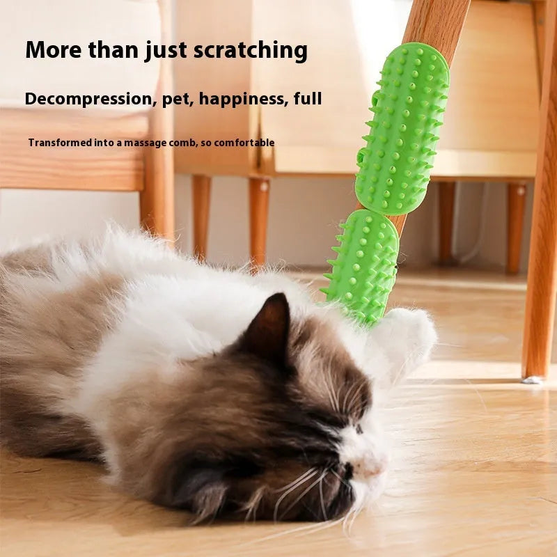 Silicone cat grooming brush with adjustable strap and rounded comb teeth in four colour options