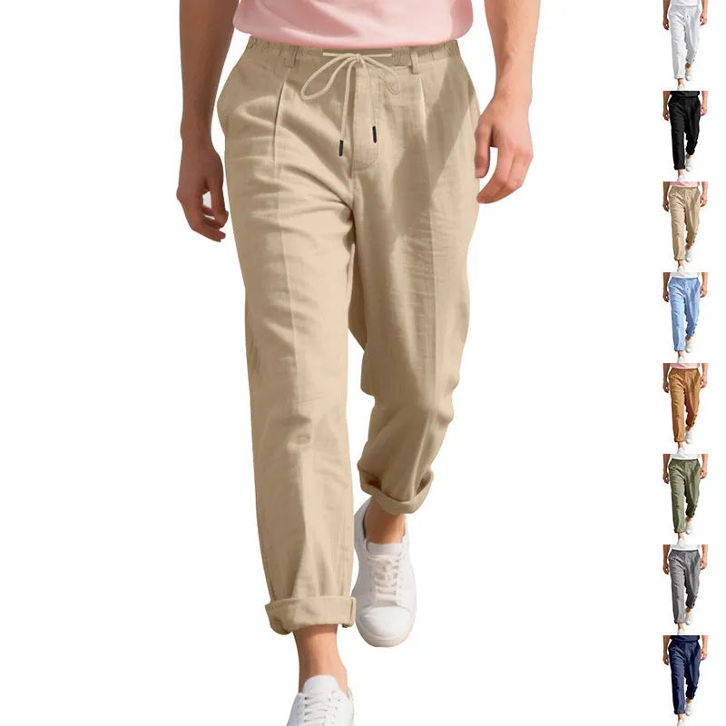 Men's linen casual trousers in light khaki colour with loose straight-leg fit and drawstring waist