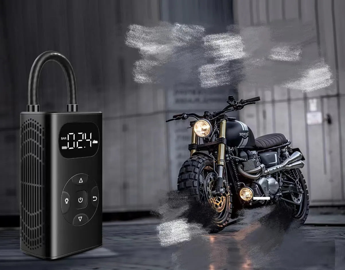 Black portable power bank tyre inflator with digital display and 16cm hose for car motorcycle bicycle