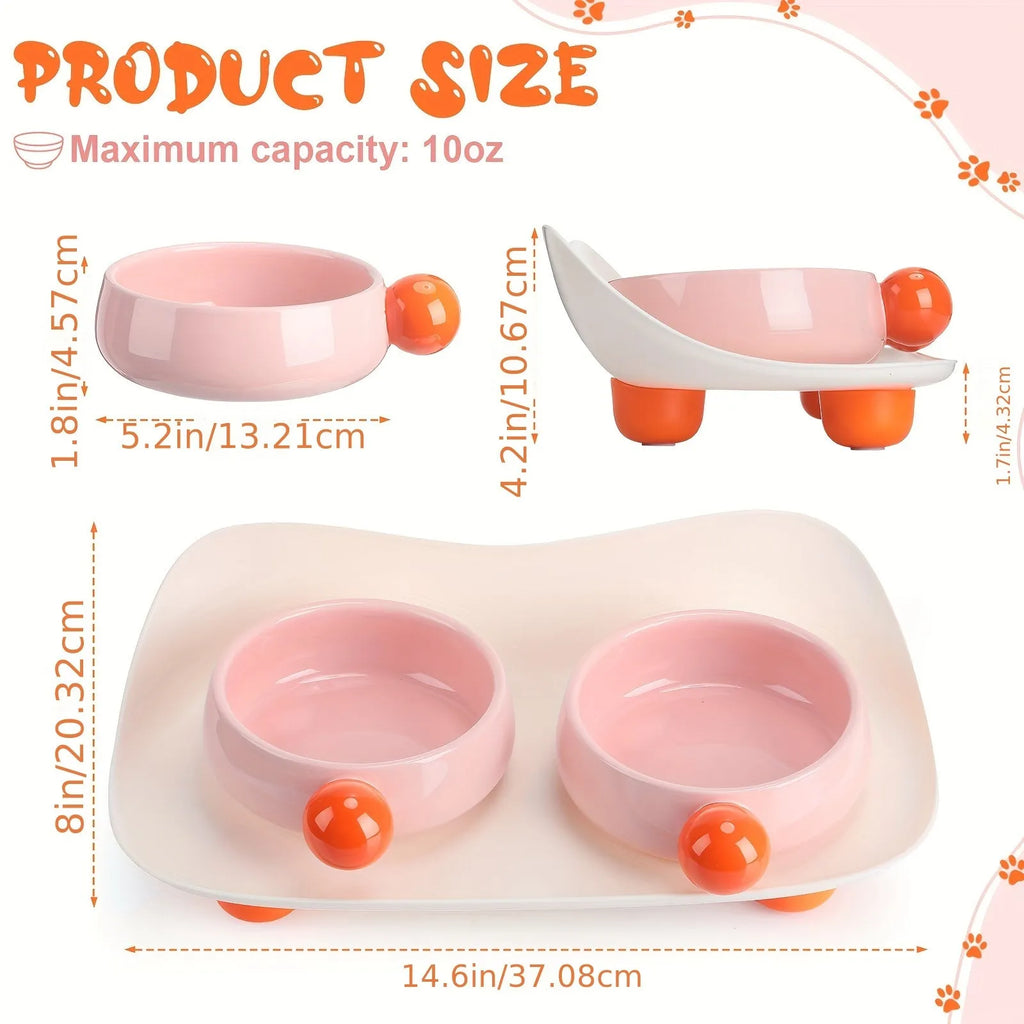 Ceramic raised pet feeding bowl set with non-slip silicone base in pink, pink yellow and yellow colours