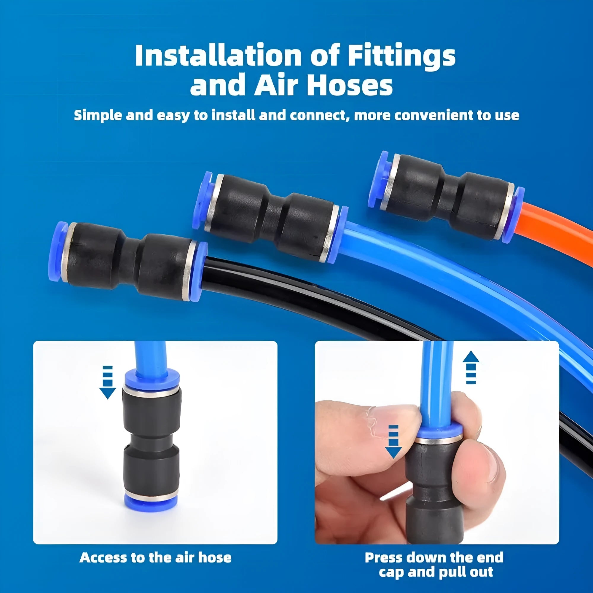 60 piece pneumatic push-in connector set with R1/4 and R1/2 alloy plastic adapters