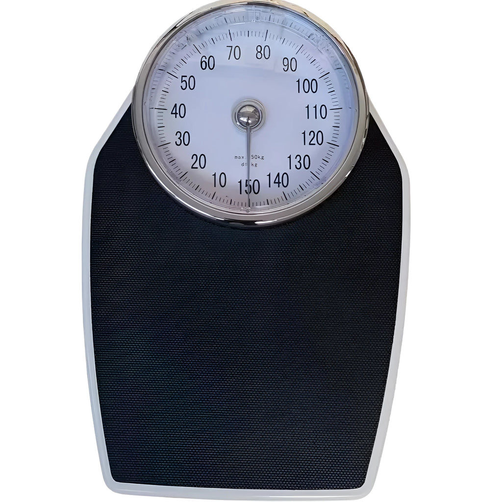 Black mechanical bathroom weighing scale with large dial on 47x35 cm platform