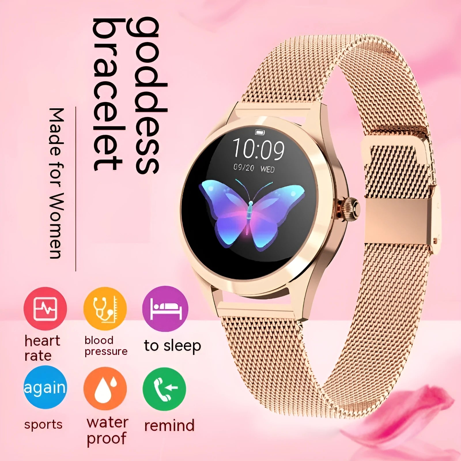 Women's sports smartwatch showing heart rate monitoring and available in four colours