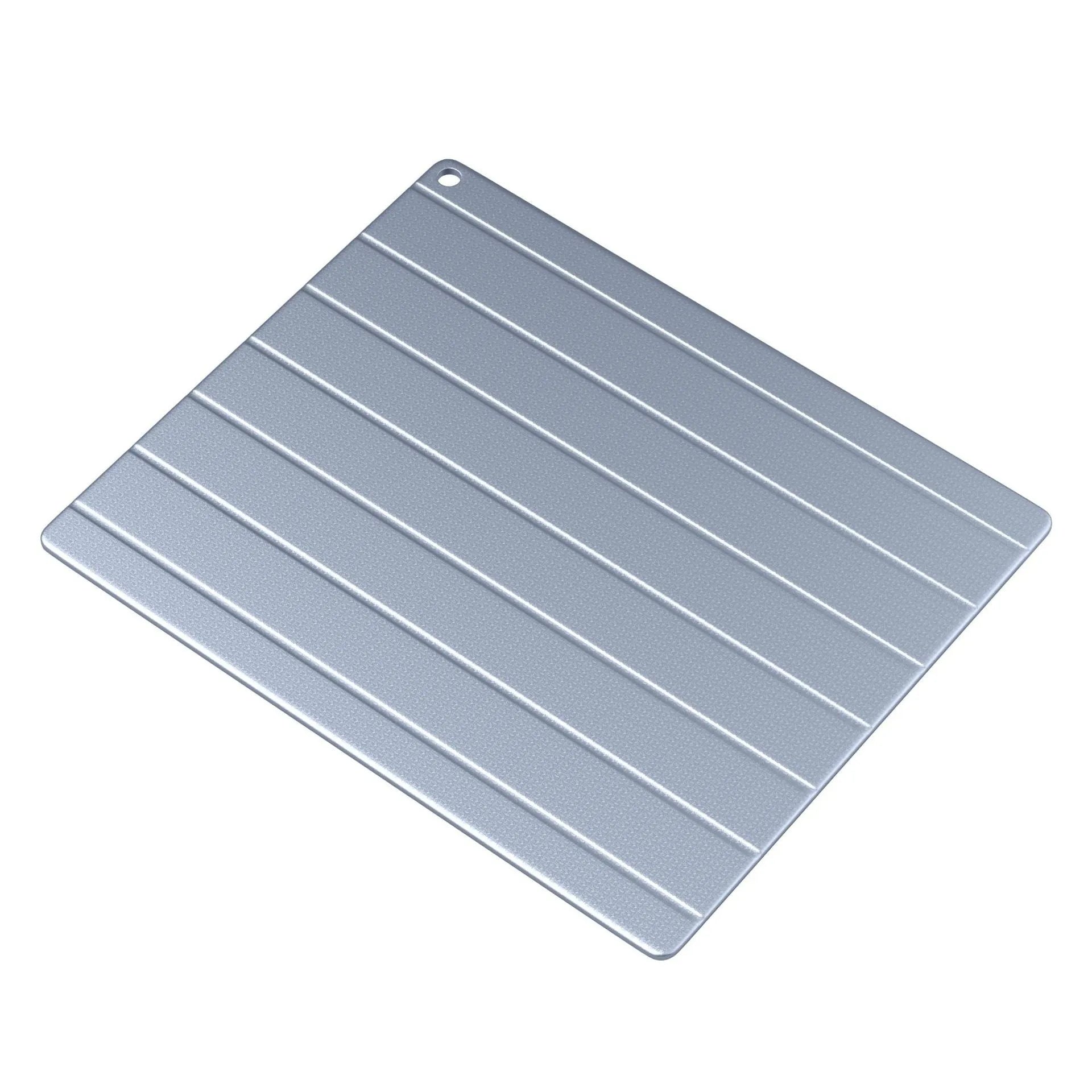 Modern aluminium food defrosting board with USB cable for kitchen counter use.