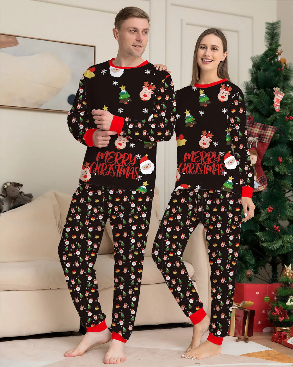 Family Christmas matching pyjamas set in cotton with plaid and cartoon designs for adults, children, babies and dogs