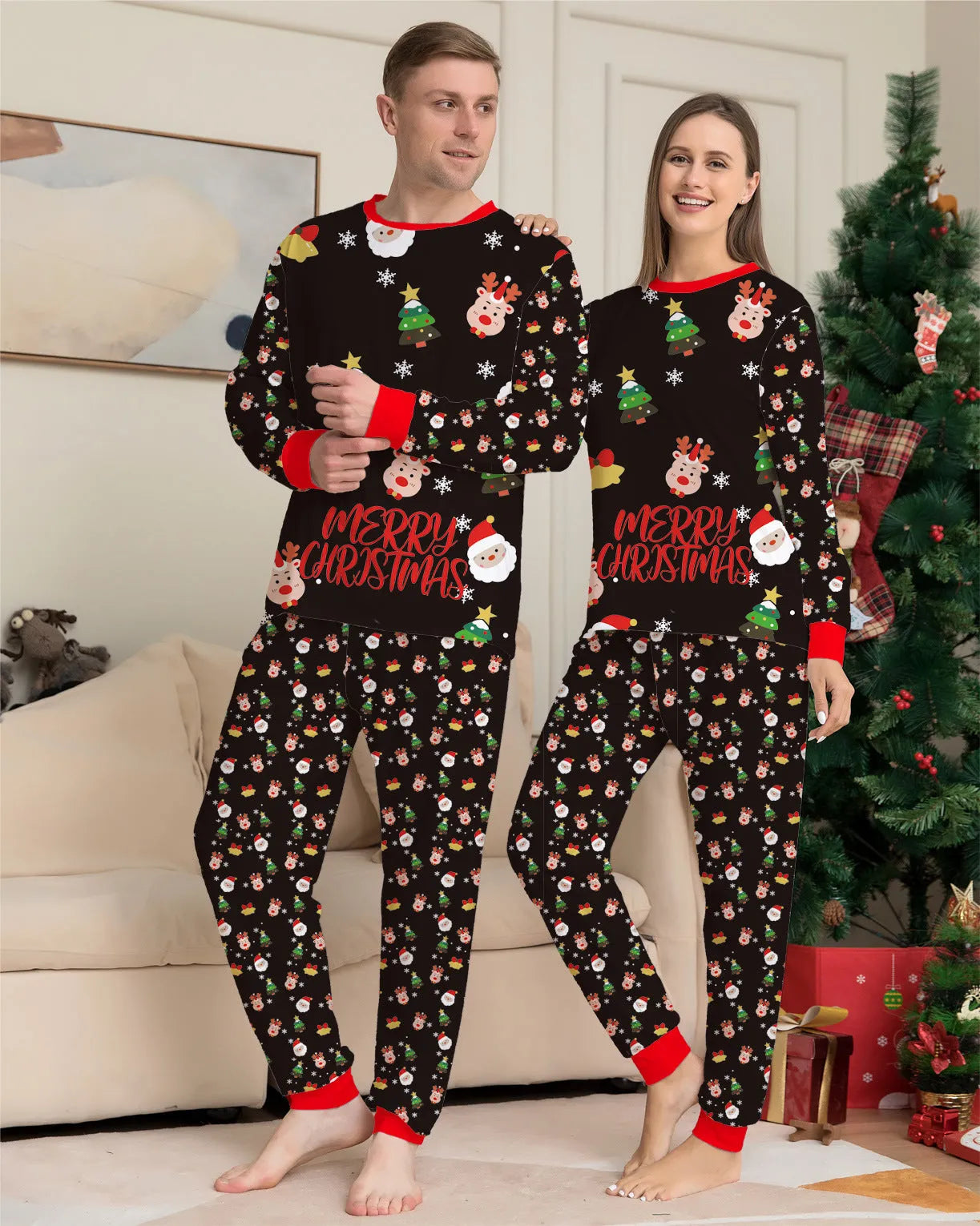 Family Christmas matching pyjamas set in cotton with plaid and cartoon designs for adults, children, babies and dogs