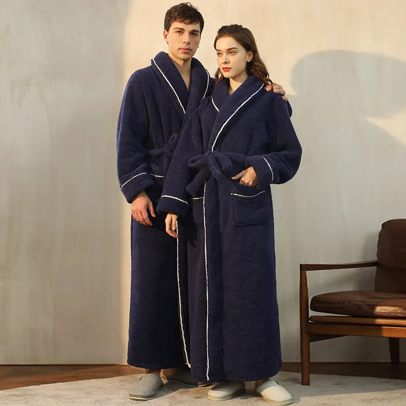 Thick flannel couple's bathrobe in winter colours like navy blue and silver gray, shown in plus sizes.
