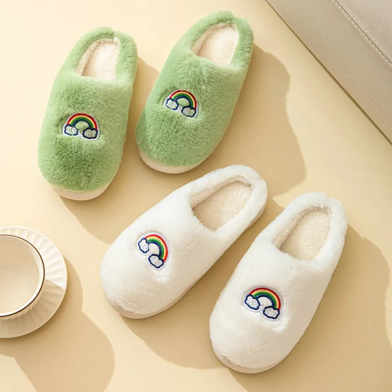 Kawaii rainbow embroidered plush slippers with rubber sole, wrapped toe, round heel, available in multiple colours