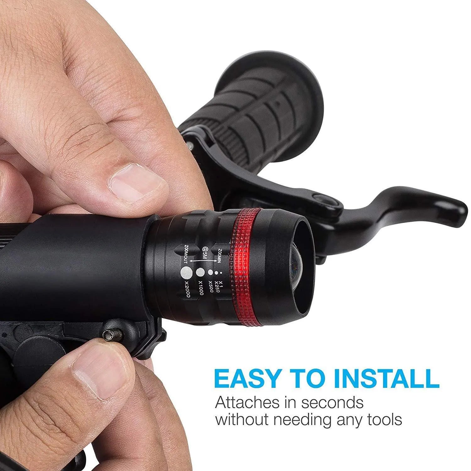 Bicycle headlight and taillight set with a black handlebar mounting bracket on a bicycle.