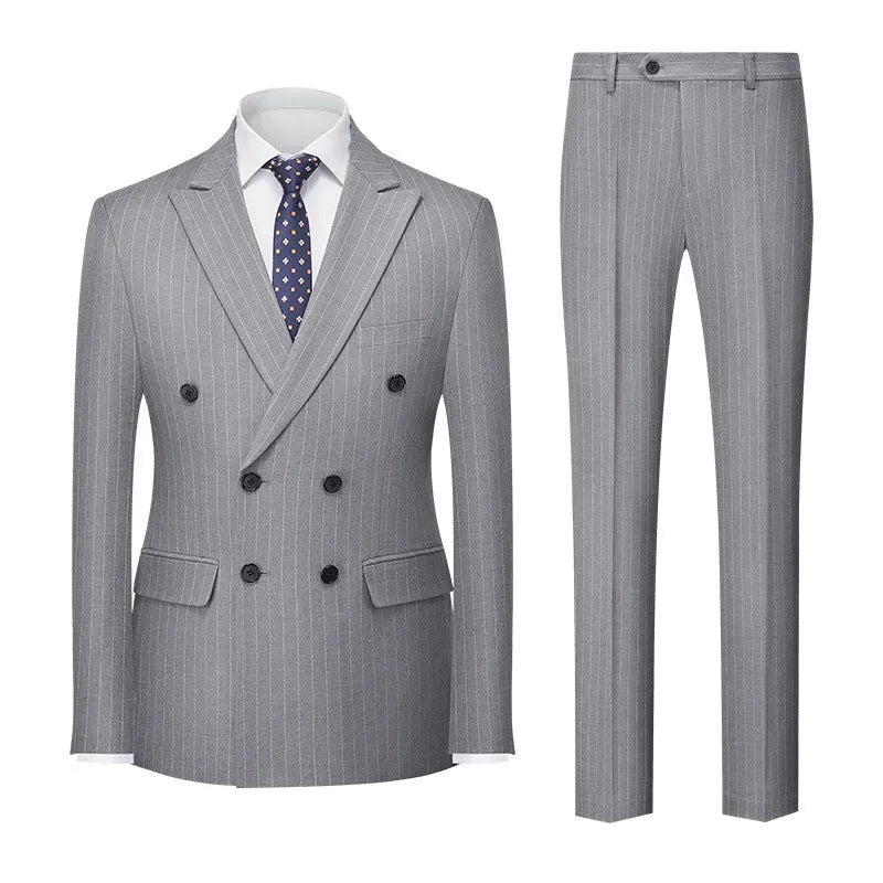 Men's double-breasted two-button striped suit set with trousers in business formal style